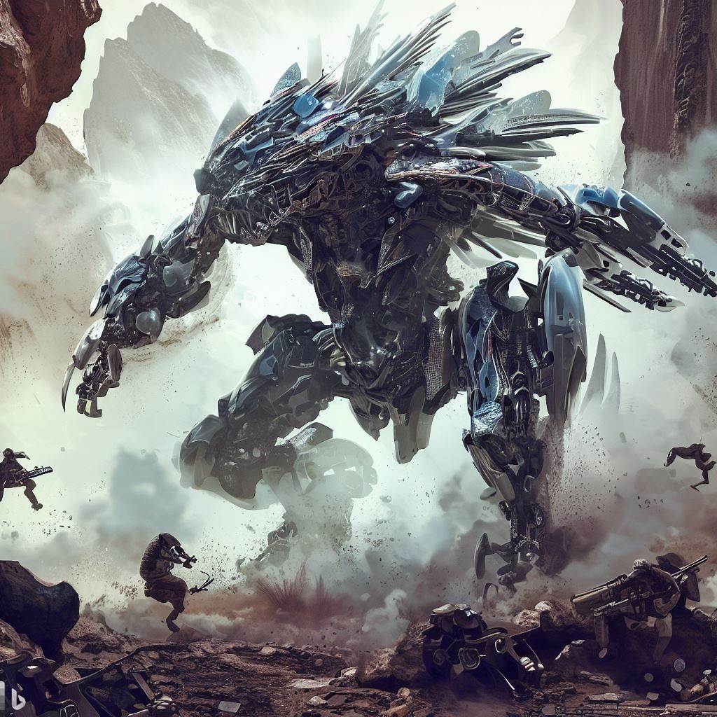 futuristic dinosaur mech with shattered glass body, fighting soldiers in canyon, detailed smoke, realistic, in the style of h.r. giger 3.jpg